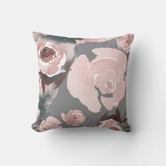 Pink Watercolor Roses Grey Charcoal Floral Cushion (Front)