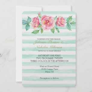 Pink Watercolor Roses Mint Stripes Wedding Invitation