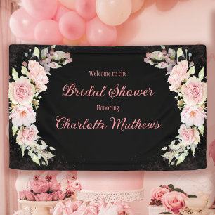 Pink Watercolor Roses Moody Black Bridal Shower  Banner