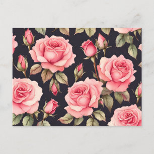 Pink Watercolor Roses on Black Background  Postcard