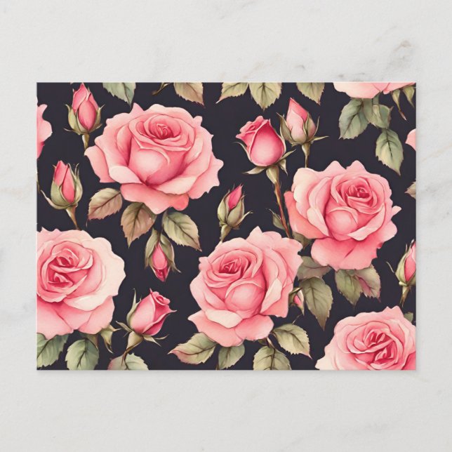 Pink Watercolor Roses on Black Background  Postcard (Front)