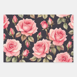 Pink Watercolor Roses on Black Background  Wrapping Paper Sheet