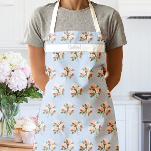 Pink Watercolor Roses on Blue Linen Texture Apron