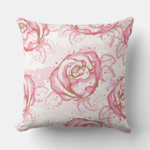 Pink Watercolor Roses on White Wash Throw Pillow