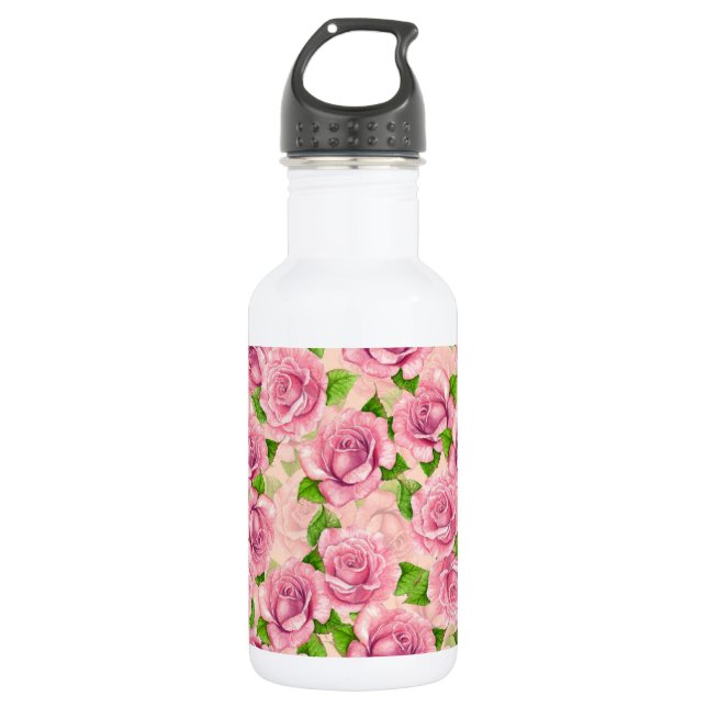 Pink watercolor roses pattern 532 ml water bottle (Front)