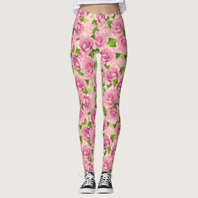 Pink watercolor roses pattern leggings (Front)