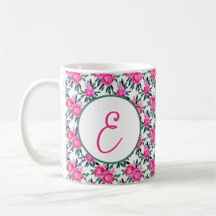 Pink watercolor roses pattern monogram coffee mug