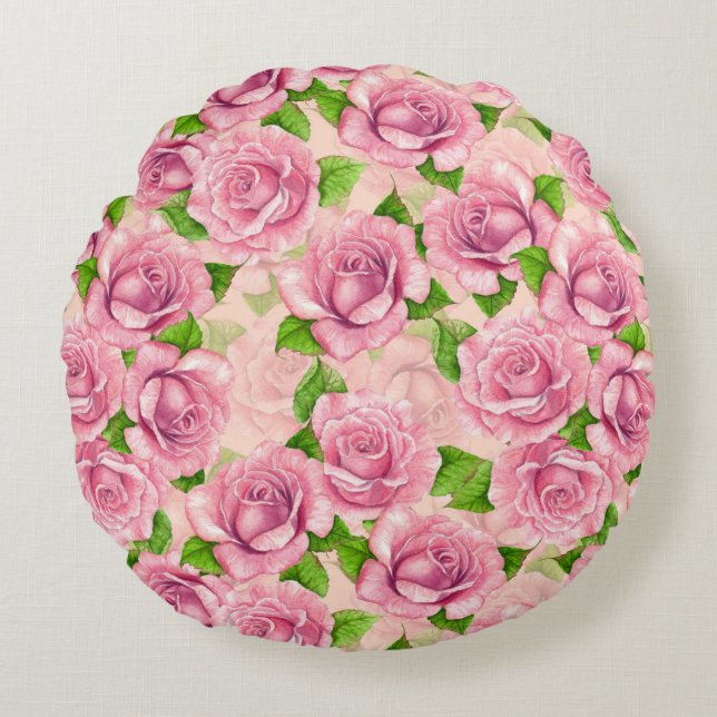 Pink watercolor roses pattern round cushion (Front)