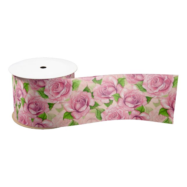 Pink watercolor roses pattern satin ribbon (Spool)