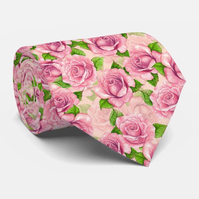Pink watercolor roses pattern tie (Rolled)