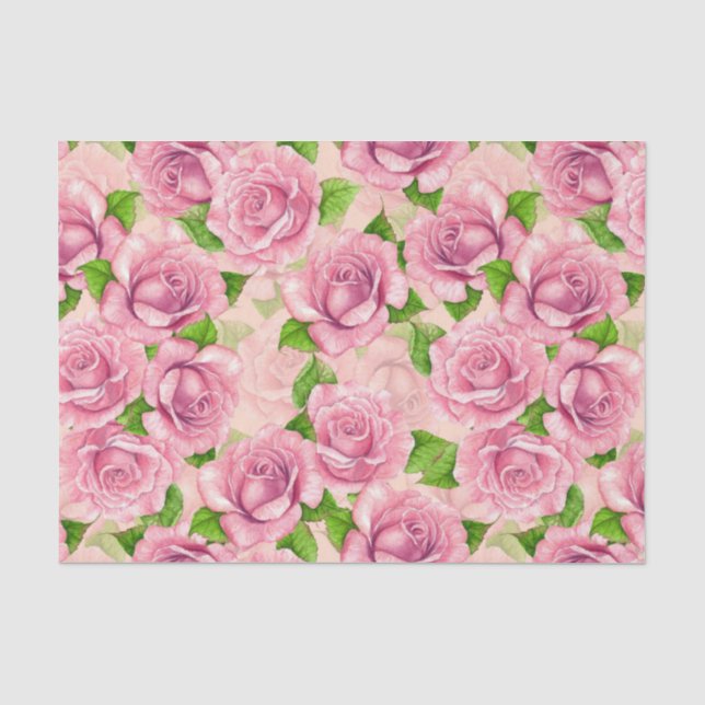 Pink watercolor roses pattern tissue paper (Front)