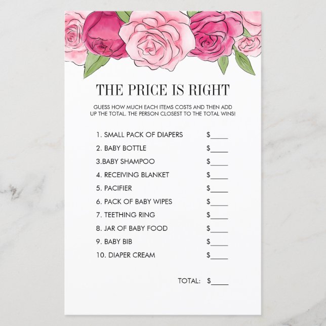 Pink Watercolor Roses Price Is Right Game (Front)