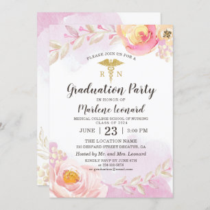 Pink Watercolor Roses RN Nurse Graduation Party Invitation
