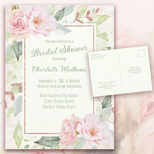 Pink Watercolor Roses Sage Green Bridal Shower Invitation Postcard (Pink Watercolor Roses Sage Green Bridal Shower Invitation Postcard. )
