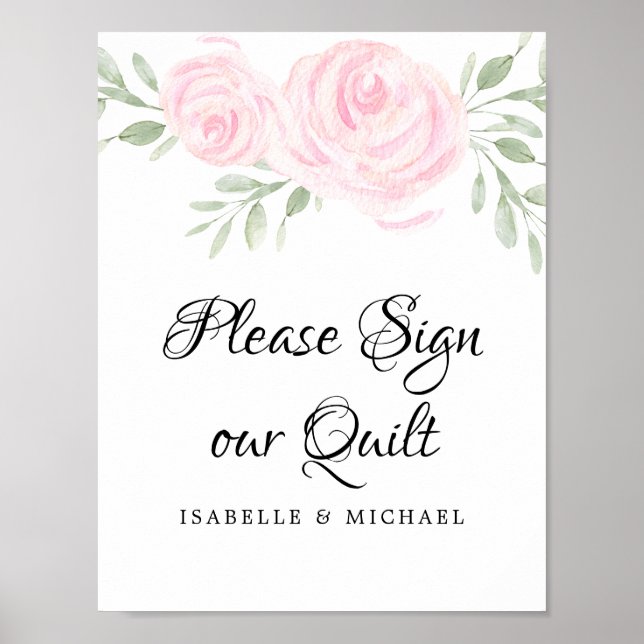 Pink Watercolor Roses Sign Our Quilt (Front)