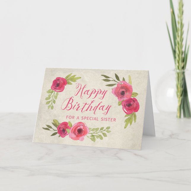 Pink Watercolor Roses Sister Birthday Card (Front)