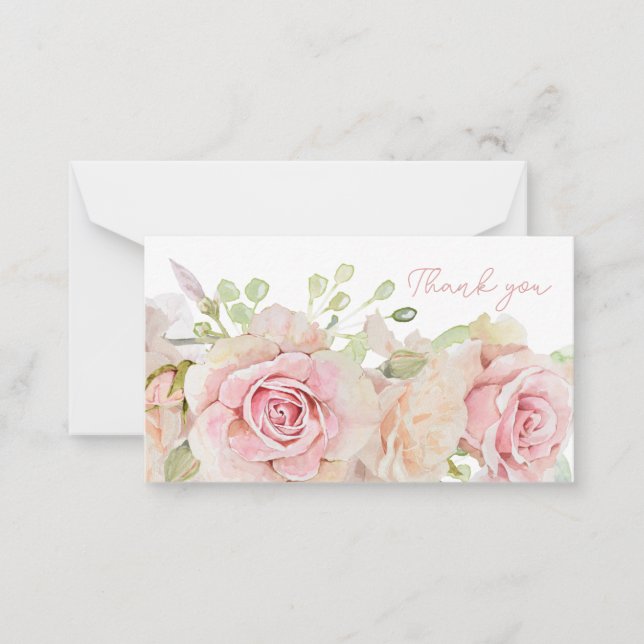 Pink Watercolor Roses Thank You  Card (Front)