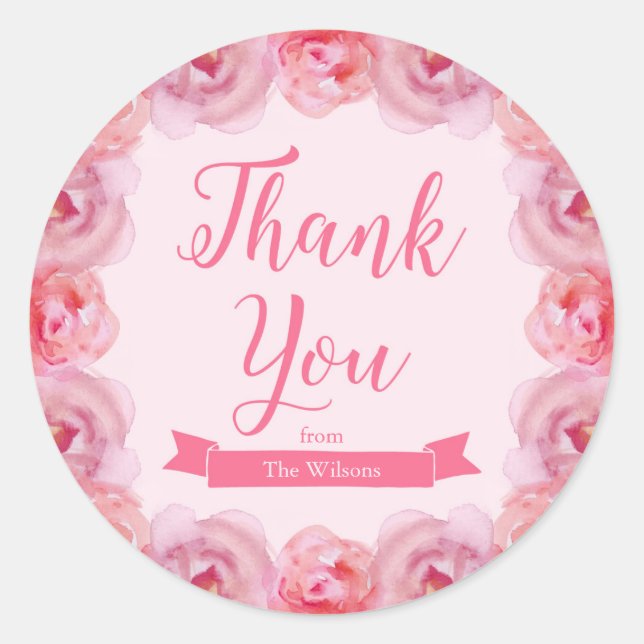 Pink Watercolor Roses Thank You Classic Round Sticker (Front)