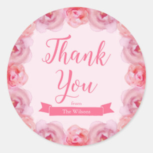 Pink Watercolor Roses Thank You Classic Round Sticker