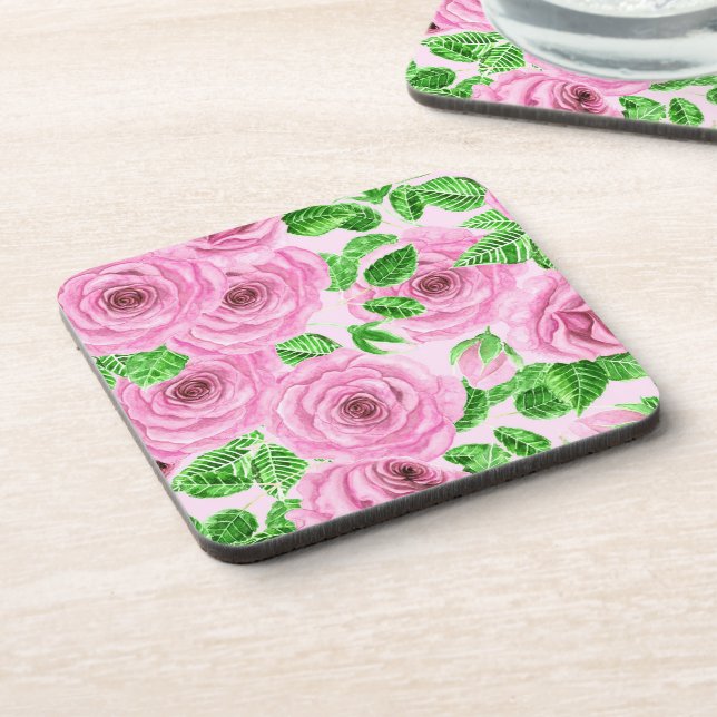 Pink watercolor roses with leaves and buds patter coaster (Left Side)