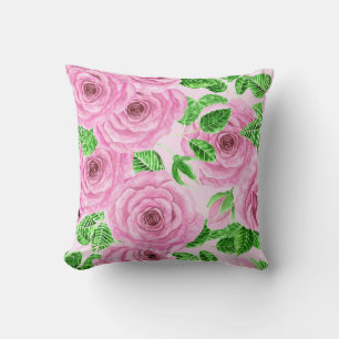 Pink watercolor roses with leaves and buds patter cushion