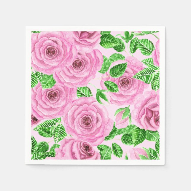 Pink watercolor roses with leaves and buds patter napkin (Front)