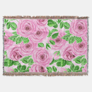 Pink watercolor roses with leaves and buds patter throw blanket