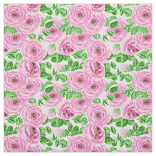 Pink watercolor roses with leaves and buds pattern fabric