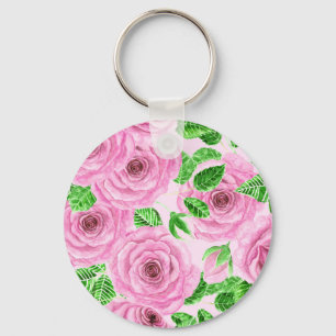 Pink watercolor roses with leaves and buds pattern key ring