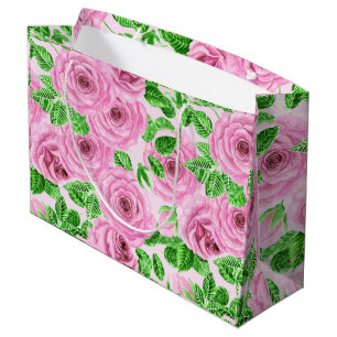 Pink watercolor roses with leaves and buds pattern large gift bag