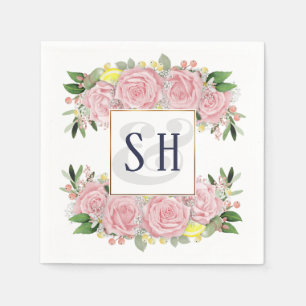 Pink Watercolor Roses Yellow Lemons, Monogram Napkin