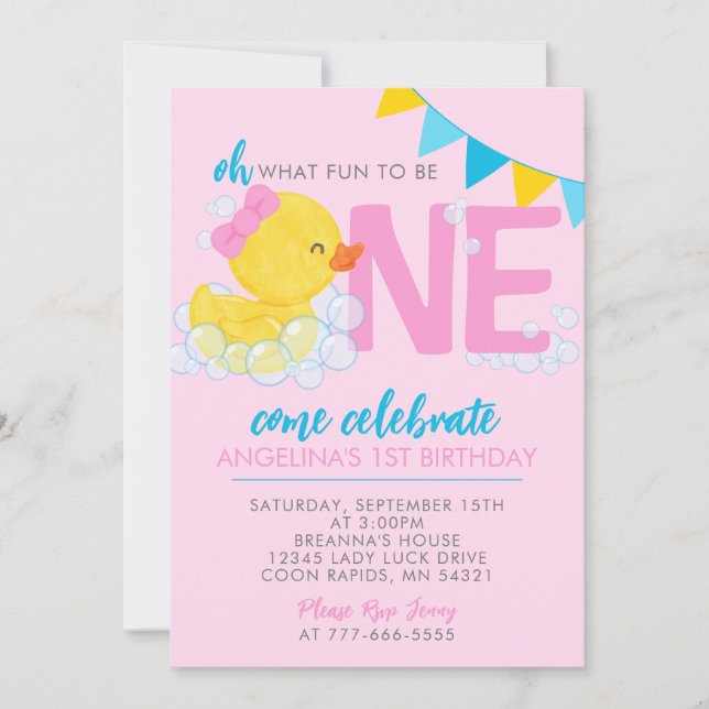 Pink Watercolor Rubber Duck 1st Birthday Party Invitation (Front)