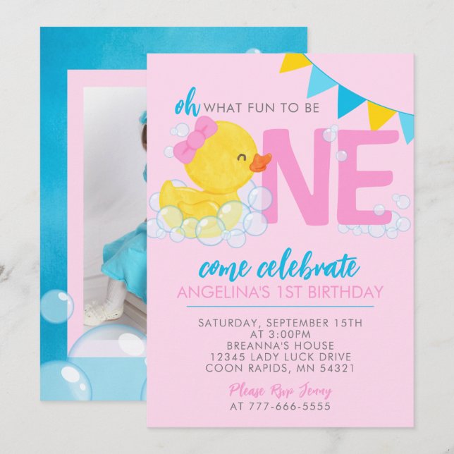 Pink Watercolor Rubber Duck 1st Birthday Photo Invitation (Front/Back)