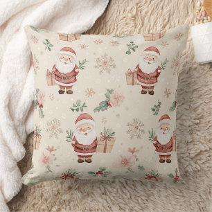 Pink Watercolor Santa Christmas with Snowflakes Cushion