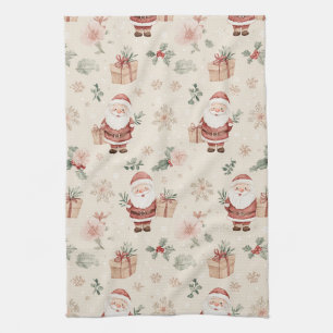 Pink Watercolor Santa Christmas with Snowflakes Tea Towel