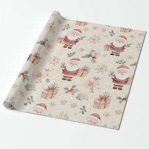 Pink Watercolor Santa Christmas with Snowflakes Wrapping Paper