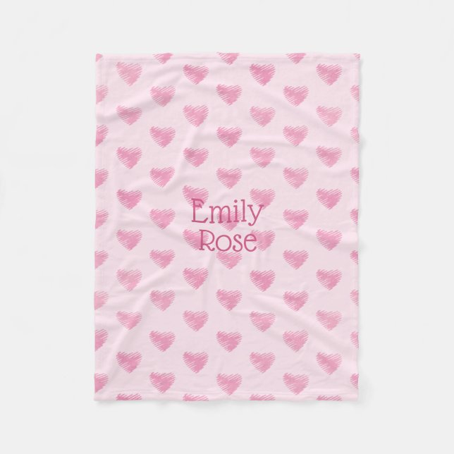 Pink Watercolor Scribble Hearts, Personalised Fleece Blanket (Front)