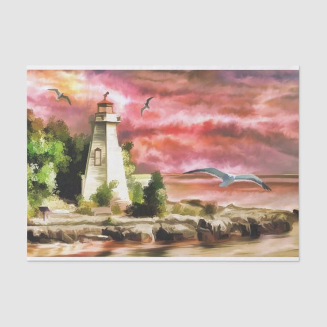Pink Watercolor Seagulls Sunset Lighthouse Tissue Paper (Front)