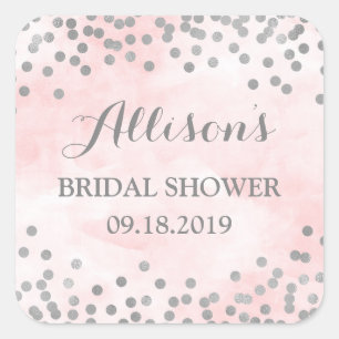 Pink Watercolor Silver Confetti Bridal Shower Square Sticker