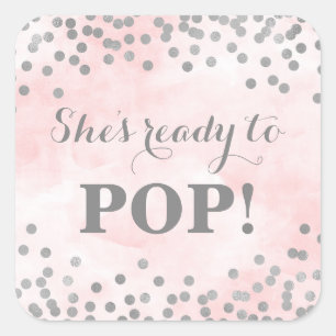 Pink Watercolor Silver Confetti She's Ready to Pop Square Sticker