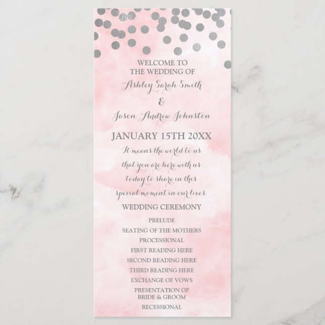 Pink Watercolor Silver Confetti Wedding Program Programme (Front)