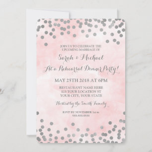 Pink Watercolor Silver Dots Rehearsal Dinner Party Invitation