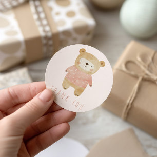 Pink Watercolor sleepy cute Bear Thank You Classic Round Sticker