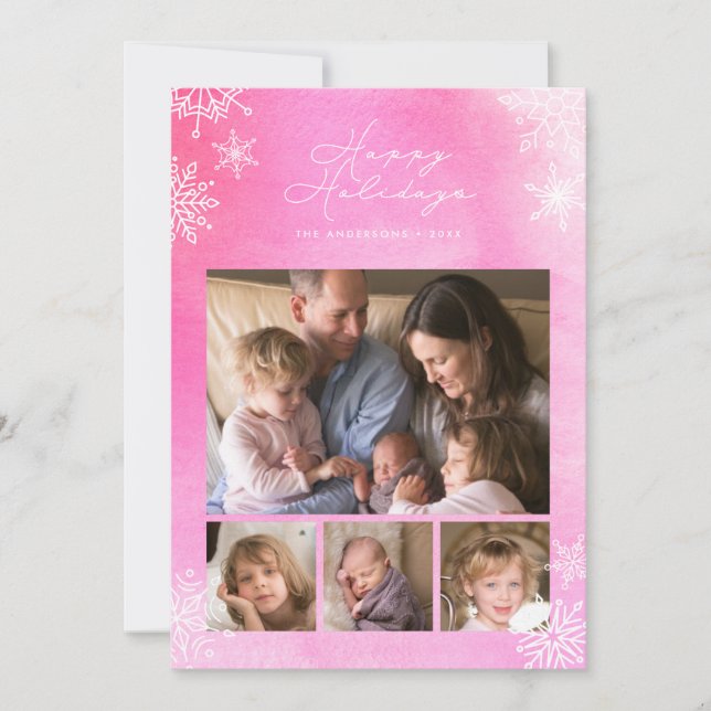 Pink Watercolor Snowflakes Happy Holidays Photo Holiday Card (Front)