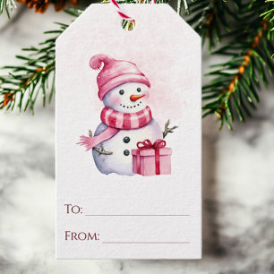 Pink Watercolor Snowman To and From Christmas Gift Tags