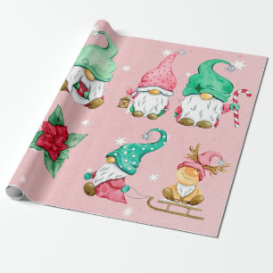 Pink Watercolor Snowy Winter Gnomes Wrapping Paper
