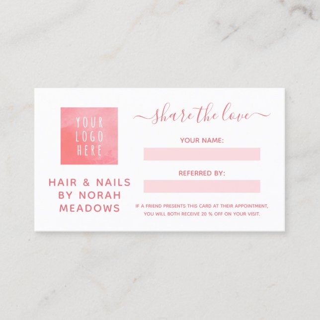 Pink Watercolor Social Media Share the Love Referral Card (Front)