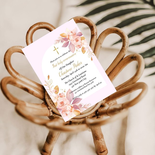 Pink watercolor splash first holy communion  invitation (Creator Uploaded)