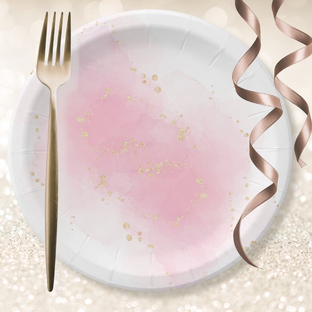 Pink Watercolor Splash Gold Sparkle Glitter Simple Paper Plate (Creator Uploaded)