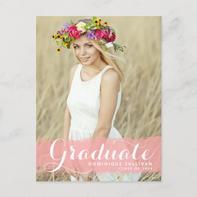 Pink Watercolor Splash Photo Graduation Postcard (Front)